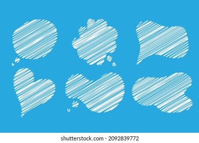 Speech bubble. Scribble frames. Hand drawn effect illustration. Sketch. Messages, phrases, text, chat, talk or dialog clouds set. Vector illustration isolated on blue background.