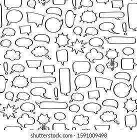 Speech bubble seamless pattern. Empty comic  sticker without text of different shapes - square, circle or round, cloud, boom and bam, rectangle message. Blank doodle tag for price of dialogue, vector
