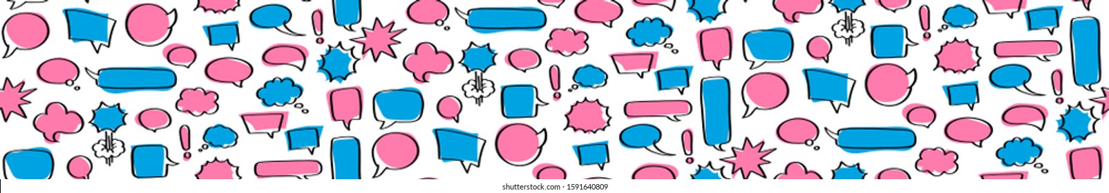 Speech bubble seamless pattern. Empty comic  sticker without text of different shapes - square, circle or round, cloud, boom and bam, rectangle message. Blank doodle tag for price of dialogue, vector