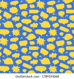Speech bubble seamless pattern in linocut style. Yellow print on blue background