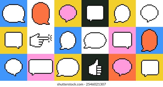 Speech bubble seamless pattern in pixel art. Y2k trendy poster. Bright pixelated shape for chat, text message, dialog, conversation frame. Retro game style dialogue box. Editable vector illustration