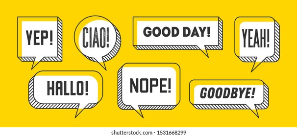 Speech Bubble. Set Of 3d And 2d Line Speech Bubble Cloud Talk With Text Hallo, Goodbye, Ciao, Good Day. White Speech Bubble Isolated Cloud Talk Silhouette On Yellow Background. Vector Illustration