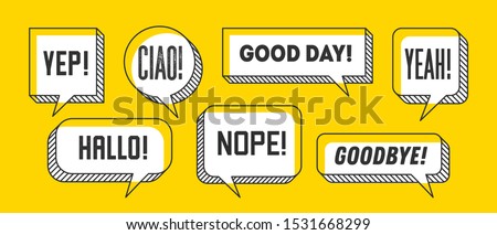 Speech Bubble. Set of 3d and 2d line speech bubble cloud talk with text Hallo, Goodbye, Ciao, Good Day. White speech bubble isolated cloud talk silhouette on yellow background. Vector Illustration