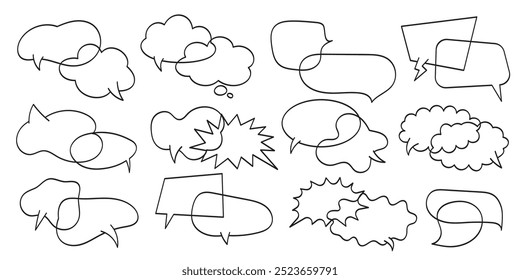 Speech bubble set. Black and white talk bubble. Blank empty speech bubbles on white background. Cartoon dialog chatting box overlap with each other. Cute vector sticker element for design