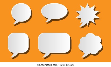 conjunto de burbujas de voz. caja de chat de dibujos animados en blanco con sombra aislada en fondo naranja