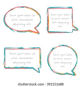 Speech bubble set with chalk pencil design in blue red and yellow colors. Collection of different type of text boxes in colorfull and youthful design.