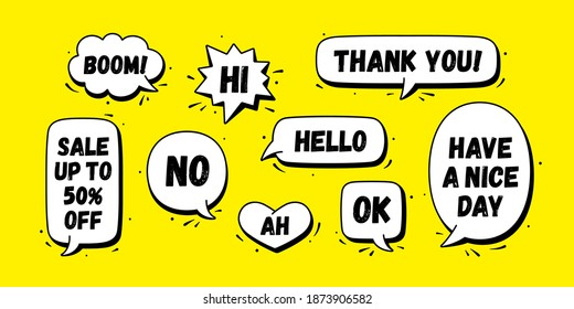 Speech bubble. Set of chat message, cloud talk, speech bubble. White speech bubble, cloud talk isolated silhouette with text. Elements for chat message, social network, web. Vector Illustration