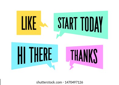 Speech Bubble. Set of colorful cloud talk speech bubble. Color isolated speech bubble talk silhouette with text Like, Thanks, Thank You, Hi. Design elements for message, chat. Vector Illustration