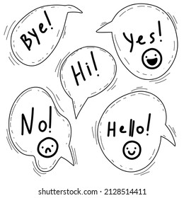 Speech bubble set, comic cloud shape with hello, hi, yes. Hand drawn doodle sketch style. Speech bubble chat, message element, quote text, dream, think. Stock vector illustration on white backgroung.