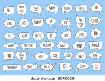 Speech bubble set with conversation phrases and words in isolated vector illustration. White comic bubbles and balloons of various shapes with speech and think phrases. Text boxes kit.