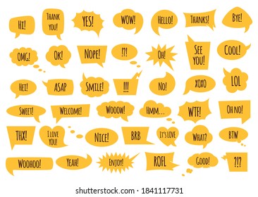 Speech bubble set with conversation phrases and words in isolated vector illustration. Yellow comic bubbles and balloons of various shapes with speech and think phrases. Text boxes kit.