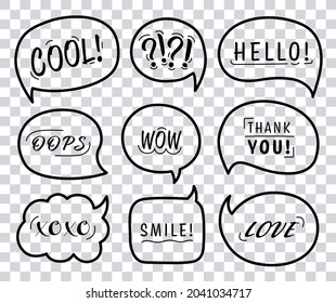 Speech bubble set with conversation phrases and words isolated on transparent background. Vector illustration. 