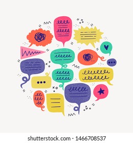 Speech bubble set with dots, lines and scribbles. Card with circled group of colorful cartoon balloons with doodles and symbols on white background. Hand drawn vector illustration.