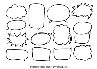 Sprechblasen-Set, freie Hand zeichnen Schwarz-Weiß-Linie. Leere Vorlage für jegliche Werbung oder grafische Design-Dekorationen. Geeignet für Dialog oder Konversation. Vektorgrafik mit Schichten.