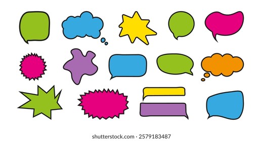 Speech Bubble Set in Hand Drawn Style. Multicolored Line Art Chat Balloon. Cute Frame speech bubble Collection. Hand Drawn Blocks for Text Box Different Shapes. Dialogue Vector Set in Modern Style.