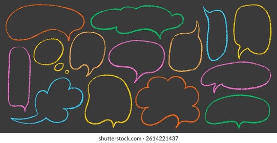 Speech Bubble Set with Hand-Drawn Chalk Outlines on Black Background. Crayon Style Shapes for Comic Dialogues, Fun Notes or Childish Doodle Designs.