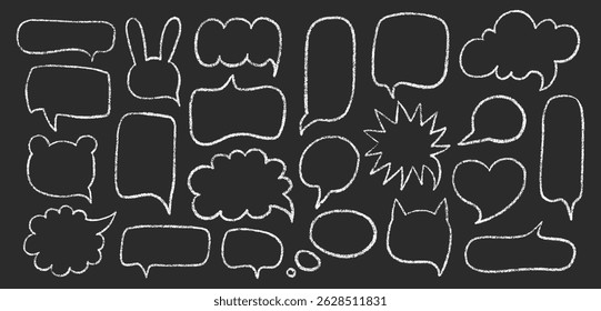 Speech Bubble Set with Hand-Drawn Chalk Outlines on Black Background. Crayon Style Shapes for Comic Dialogues, Fun Notes or Childish Doodle Designs.