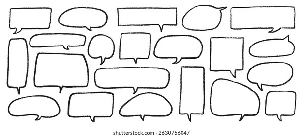 Conjunto de bolhas de fala com contornos de giz desenhados à mão sobre plano de fundo preto. Formas de estilo Crayon para diálogos cômicos, notas divertidas ou desenhos infantis Doodle.