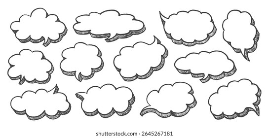 Speech Bubble Set with Hand-Drawn Chalk Outlines. Crayon Style Frames and Dialog Shapes on White Background. Great for Comic Design, Children Projects or Creative Sketch Illustrations.