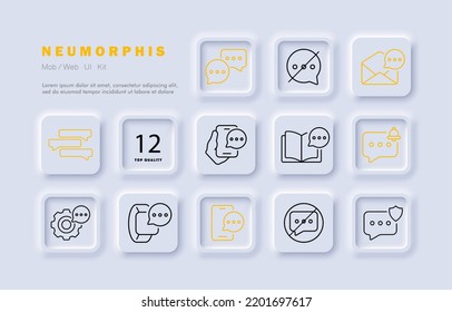 Icono de juego de burbujas de voz. Correspondencia, chat, silencio, notificación, silencio, correo, mensaje, información, apoyo. Estilo neomorfista. Icono de línea de vector para negocios y publicidad