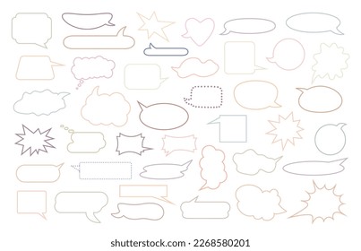 Speech bubble set pastel colored outline doodle vector illustration, sticker for planner, bullet journal, St Valentine decor, graphic element of conversational illustration, story, comic design