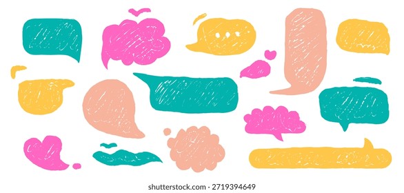Conjunto de burbujas de discurso con textura pastel, marcos de texto dibujados a mano. Globos cómicos de doodle de lápiz lindo para el diseño de diálogo y conversación. Ilustración gráfica Abstractas para etiquetas, pegatinas, mensajes.