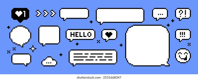 Speech bubble set in pixel art. Y2k trendy sticker for collage, poster. Pixelated shape for chat, text message, dialog, conversation frame. Retro game style dialogue box, icon. Editable vector element