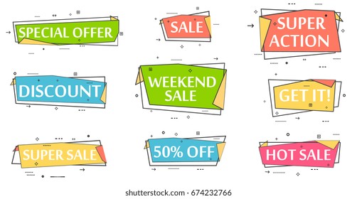 Speech bubble set for retail promotion. Most commonly used acronyms and replica collection. Discount, super sale, weekend sale, special offer, get it, super action, hot sale label vector illustration.