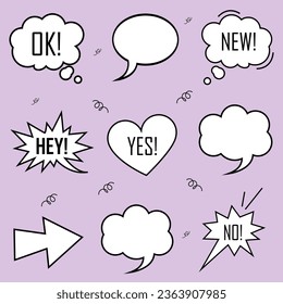 Speech Bubble set. Talk bubble. Cloud speech bubbles collection. Social media message, comic bubbles and chat. Flat vector design. Purple background.