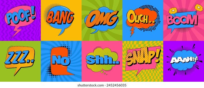 Speech bubble set in trendy pop art style. Comic sound effects