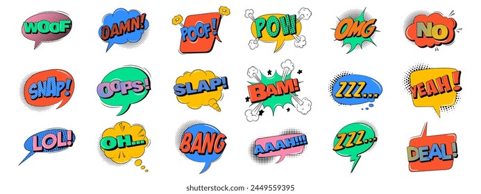 Speech bubble set in trendy retro style. Comic sound effects