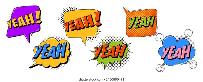 Speech bubble set in trendy retro style. YEAH text. Comic sound effects