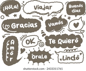 Speech bubble set. Various talk balloon Spanish in vintage style with grunge texture. Hand-drawn infographic Vector collection.Set of hand drawn think and talk speech cloud with message.Memo Hola OK