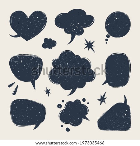 Speech bubble set. Various talk balloon shapes in vintage style with grunge texture. Hand-drawn infographic Vector collection.
