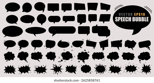 A speech bubble set vector eps black silhouette comic style various shapes blank isolated collection creative design element expressive communication fun editable playful cartoon retro graphic