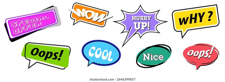 Speech Bubble set vector illustration, Set of doodle speech bubble with text, Talk-bubble, cartoon chatting box, Speak bubble, message bubble box design, Chat design funky groovy style, quote box icon