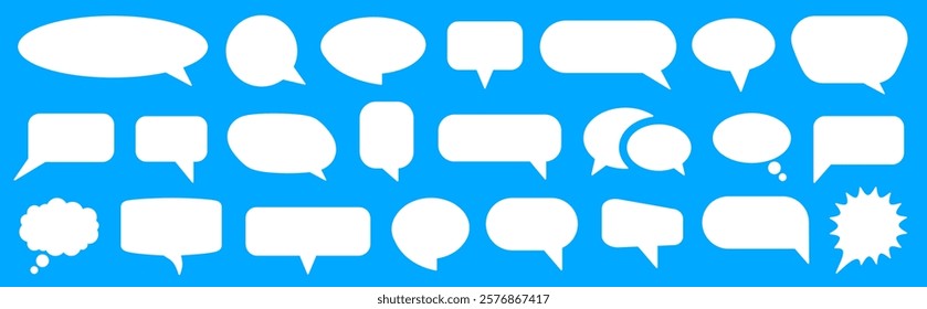 Speech bubble set, white cartoon text box, text balloon, different empty comic speech discussion bubble icons, talk cloud bubble collection, pop art frame or border, chat sign