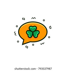 Speech bubble with shamrock symbol - flat color line icon on isolated background. Comic balloon with clover sign - pictogram for online chats, messengers, mobile apps. St. Patrick's Day illustration.