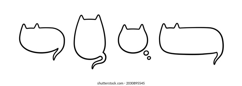 Speech bubble in the shape of a cat. Empty cute speech bubble with cat ears and tail. Set of linear vector illustrations isolated on white background.
