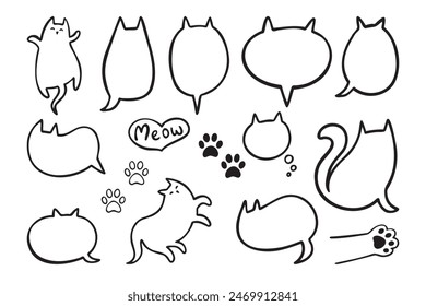 Speech bubble in the shape cat. Empty cute speech bubble with cat ears and tail. Set linear Vector illustration