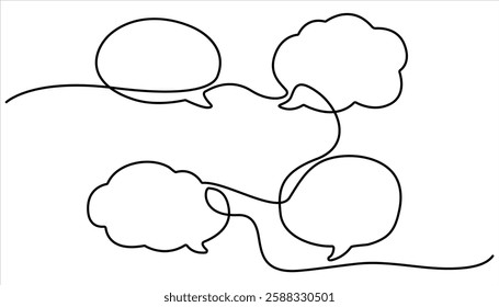 Speech bubble shape continuous one line drawing. Talk text box, feedback message box and comment vector, Speech Bubble Single Line Icon. Two speech bubble line art. 