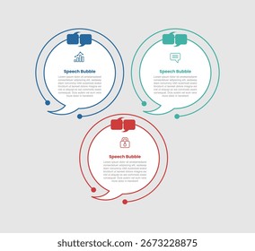 Diagrama de infografía de forma de burbuja de discurso con círculo grande con círculo de puntos de contorno con 3 pasos para el Vector de presentación de diapositivas