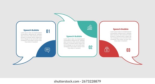 forma de bolha de fala diagrama infográfico com caixa quadrada redonda com para cima e para baixo com 3 etapa para apresentação de slide vetor