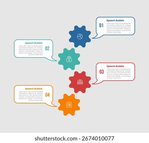 forma de bolha de fala diagrama infográfico com máquina de engrenagens na direção vertical com 4 passos para slide apresentação vetor