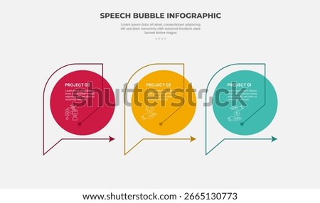 speech bubble shape infographic outline style with 3 point template with big circle and arrow line for slide presentation vector