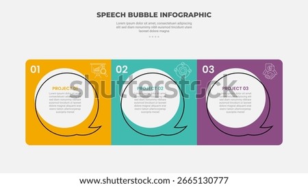 speech bubble shape infographic outline style with 3 point template with square box on horizontal direction for slide presentation vector