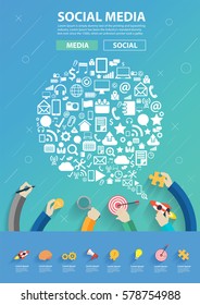 Speech bubble shape technology social media icons, network idea concept. Abstract background with hands people together group of elements. Vector illustration modern layout template design