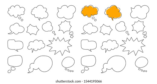 Speech bubble shaped banners,Hand drawn Doodle style thinking balloons, price tags, stickers, posters, badges, isolated on white background.