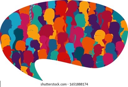 Speech bubble shape.Population.Crowd talking.Dialogue and communication group of diverse multiethnic and multicultural people.Silhouette of colored profile.Society.Community.Friendship