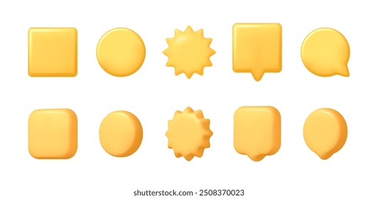 Speech bubble and shapes collection, isolated 3d sun, square and circle talk box stickers. Vector different geometric shapes tags for chats, badges template with space for text for website